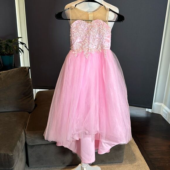 Girls Pink Formal Party Flower Girl Dress High Low Zip Back Beaded Bodice Size 3 - Picture 1 of 9